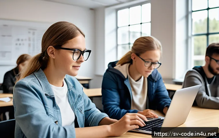 코딩교육지도사와 직업교육의 역할 - A modern classroom scene in Sweden showing a diverse group of adult students engaged in a coding wor...