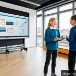Home 23 코딩교육지도사와 데이터 시각화 수업 사례 - A modern classroom setting in Sweden with diverse students aged around 12-15 actively interacting wi...