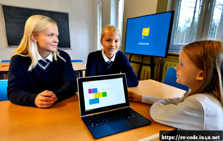 코딩교육지도사로 일하기 위한 필수 스킬 - Photorealistic scene of a skilled coding educator guiding a small group of Swedish secondary-school ...