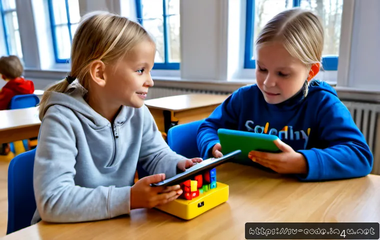 Home 17 코딩교육지도사와 학습 지원 도구 활용 - Photorealistic Swedish primary school classroom, a friendly coding education instructor guiding two ...