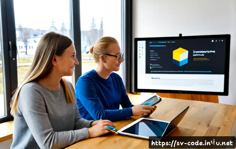 Home 17 코딩교육지도사와 교육 방법 개선 사례 - Photorealistic Swedish coding education instructor guiding a small group of adult learners around a ...