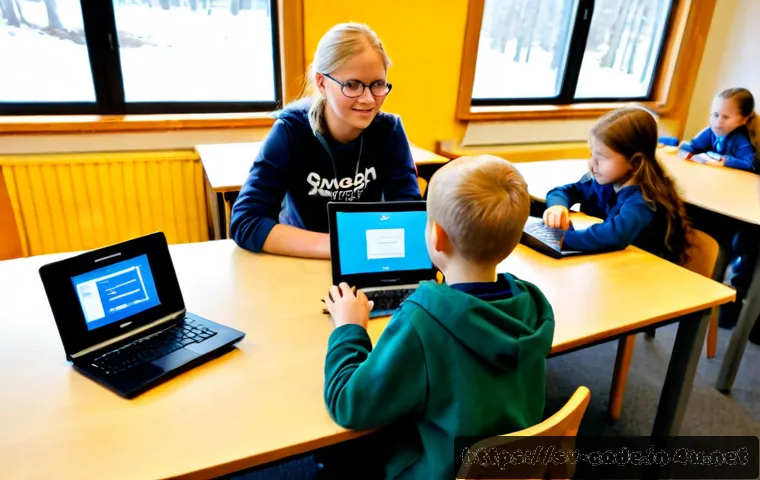 Home 17 코딩교육지도사와 교육 지원 정책 사례 - Photorealistic Swedish adult coding educator guiding a small group of middle-school students at a br...